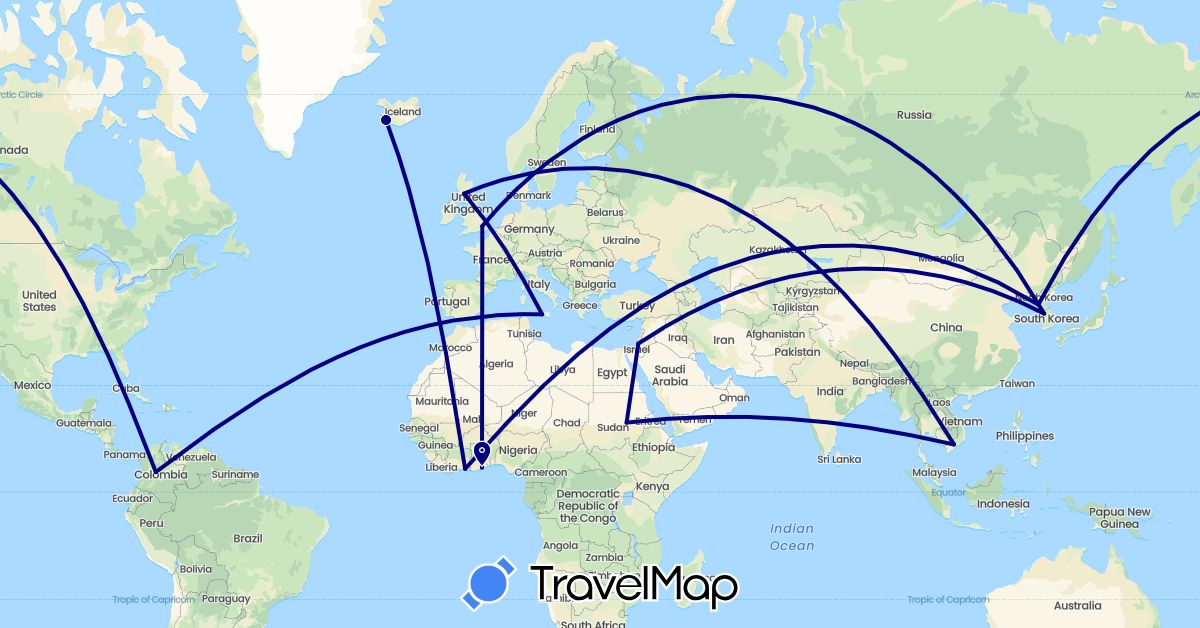 TravelMap itinerary: driving in Côte d'Ivoire, Colombia, United Kingdom, Ghana, Iceland, Italy, North Korea, South Korea, Palestinian Territories, Sudan, Vietnam (Africa, Asia, Europe, South America)